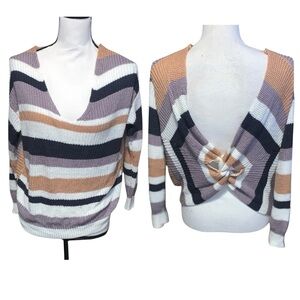 Love Tree Colorful Striped V-Neck Sweater Twisted Knot Back
